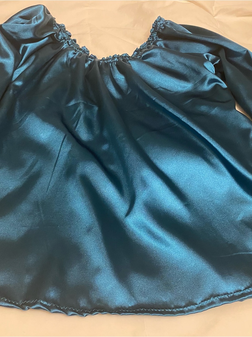 Satin Off-Shoulder Blouse in Teal Green